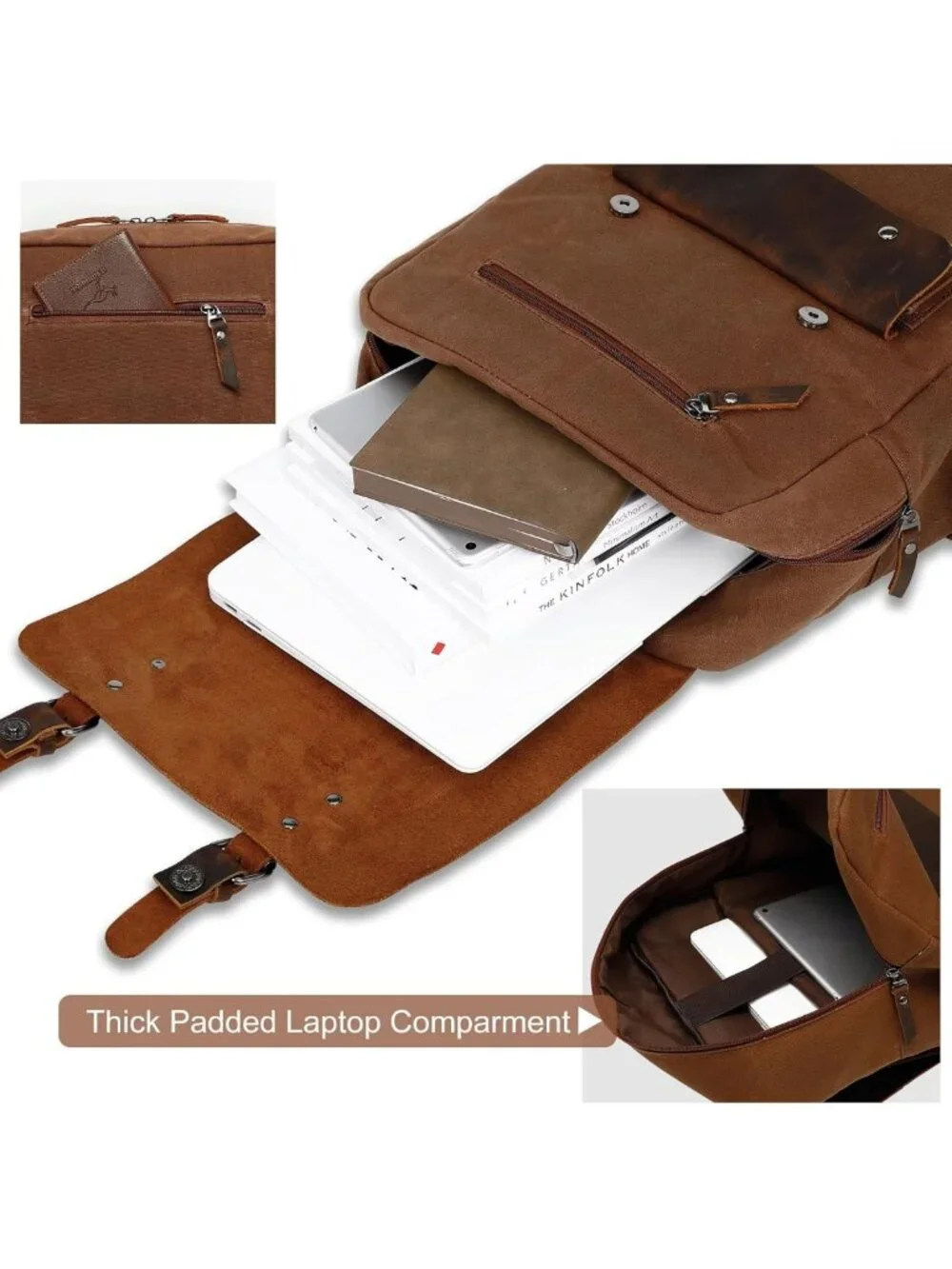 Vintage Waxed Canvas Backpack, Leather Rucksack for Travel & Laptop, 15.6